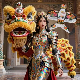 studio portrait of legitimate kind colorful female sacred mech paladin lion dance kite palace absurdly beautiful, elegant, young sexy elegant woman, super fine surreal detailed face illustration by kim jung gi, iraq nadar, intricate lines, sharp focus, vibrant colors, matte, octopath voyager, final fantasy, unreal engine highly rendered, global illumination, radiant light, intricate environments