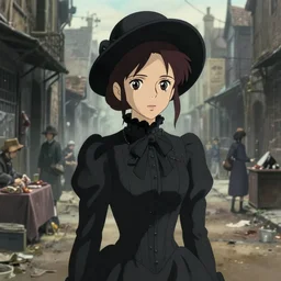 film still of a woman wearing a long black victorian dress corset and hat, brown hair tied up in bun, backdrop dirty victorian slum back street, street sellers, urchins, smog atmosphere, sharp closeup finely detailed face features, yandere grimdark, pixiv, by makoto shinkai, takashi takeuchi, studio ghibli, akihiko yoshida,
