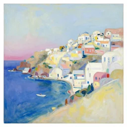 art print, abstract, pastel colours, seaside greek town on a hill, by gary hume, stanisław szukalski, society 6