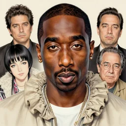 tupac shakur portrait by gil elvgren and norman rockwell and rob gonsalves and hajime sorayama, hyperrealistic, high detail, ultra detailed, highly detailed face, ruffled fabric