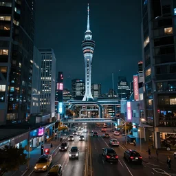 auckland city at night, cyberpunk 2 0 7 7 style