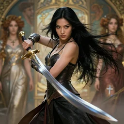 stunning asian valkyrie with long black hair holding a sword by artgerm, dynamic lighting, ray tracing, tom bagshaw, alphonse mucha, donata giancola, mary jane ansell, ankh necklace, atmosphere, realism, octane render, dof, hyperdetailed, 8 k