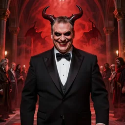 hyper realistic portrait of satanic viktor orban depicted as the antichrist in tuxedo, evil grin, red mist in hell, monastery interior, gorgeous lighting by kim jung giu weta studio, mucha, bautista and norman rockwell and greg rutkowski and tom bagshaw and james gurney and lucasfilm