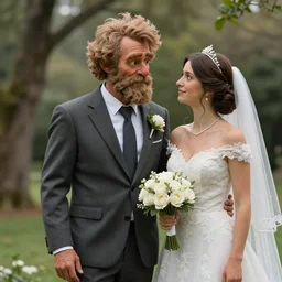 caveman in a suite getting married in real life, intricate, highly detailed, detailed, hyper realistic, 4 k, 8 k uhd, realistic, great detail
