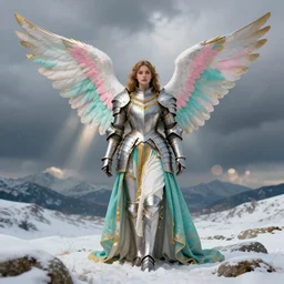 steampunk angel, big wings, argentina, hudson river school, max rive, full plate armor with cloth, f 1 6, bokeh, gentle, female, snowy mountain, storm clouds, god rays, landscape, d & d, fantasy, elegant, teal pink white gold color palette, concept art, roger deakins and greg rutkowski and alphonse mucha