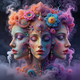 colorful liquid smoke and clouds forming detailed faces, extremely colorful psychedelic experience, dmt, psilocybin, lsd, intricate, elegant, highly detailed, digital painting, artstation, smooth, sharp focus, illustration, art by krenz cushart, hana yata, octane render, unreal engine, 8 k