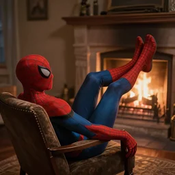 spider man lies in a chair and warms his legs near the fireplace, side view, in the evening, realistic light, soft light, focus, depth of field, photorealism, 8 k quality, high quality, realistic style, old painting, classicism painting
