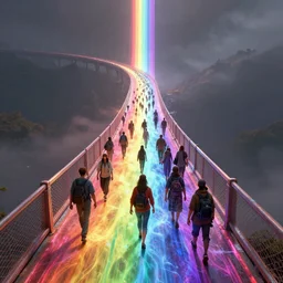 incredible, refugees crossing a mindblowingly beautiful bridge made of rainbow, energy pulsing, hardlight, matte painting, artstation, solarpunk, cgsociety, dramatic lighting, concept art, octane render, arnold 3 d render