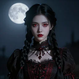a beautiful octane render of a daughter of the night with red eyes and long, black, braided hair. nighttime, fullmoon, low light. strong keylight. vampiric, highly detailed, sharpness. victorian dress. canon eos ef 5 0 mm. trending on artstation. filmic.