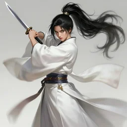a highly detailed illustration of fierce messy ponytail black haired one armed delinquent woman wearing long white tokkoufuku cape, dramatic wielding paper sword pose, intricate, elegant, highly detailed, centered, digital painting, artstation, concept art, smooth, sharp focus, league of legends concept art, wlop.