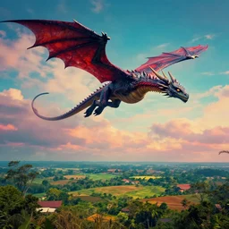 a beautiful landscape with an alien dragon flying in the sky, by eduardo kobra, cinematic, color grading, dramatic, colorful, 4 k, 8 k, hd