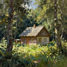 little house in the countryside on a sunny day, forest, realistic, detailed, peaceful, brush strokes, oil painting