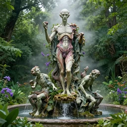 a statue of nyarlathotep and cthulhu atop a fountain in a lush dense verdant garden by caspar david friedrich and william etty and ferdinand knab and gil elvgren, statue made of flesh, lovecraft, mist, hyperrealism, volumetric lighting, god rays, ultrafine details, sfumato, purple flowers, overgrown