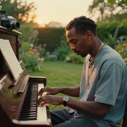 Frank Ocean playing the piano in the middle of a garden by Wes Anderson, vintage camera, dreamy, atmospheric, golden hour, cinematic lighting, 8K concept art, melancholy