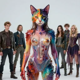 a portrait photograph of brie larson as a brightly colored cat hybrid super hero witch with wet mutated scaled skin. wearing a infected transparant organic catsuit. by tom bagshaw, donato giancola, hans holbein, walton ford, gaston bussiere, peter mohrbacher, brian froud and iris van herpen. 8 k, cgsociety