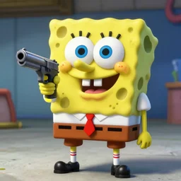 , ray traced realistic spongebob pointing a pistol at the camera unreal engine 5
