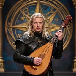 hyper realistic photograph of Kwothe played by Michael Fassbender, 4k, Carl Zeiss, sigma, Tamron so 85mm, stunning arcanum backdrop, magic, ornate set design, cinematic, lute
