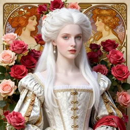 a beautiful elegant and grace female sorrounded by roses! renaissance noble costume, octane render, vivid colors, artstation, by jeremy mann, by alphonse mucha, by boris vallejo. delicate features. bright white. ultra realistic. ultra clear detailed