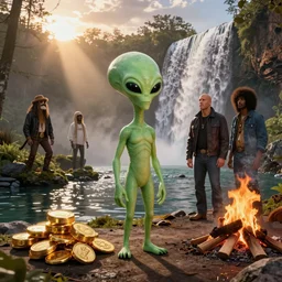 American Dad's Roger the Alien, Frank Zappa, Jimi Hendrix, Brock Lesnar, a waterfall and pond, sunrise, campfire, a pot of gold, high definition