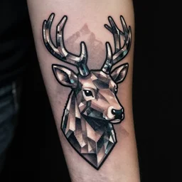 dark geometric isometric pixel art crystaline stag head, tattoo on forearm