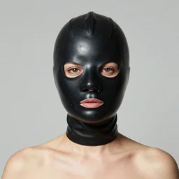 portrait of a woman wearing a black rubber gimp mask, photo by annie leibovitz