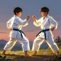 two beautiful identical twin boys fighting karate on an hill wearing their kimono, digital illustration, glowing colors, realistic