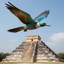 quetzalcoatl flying above a pyramid, realistic, detailed