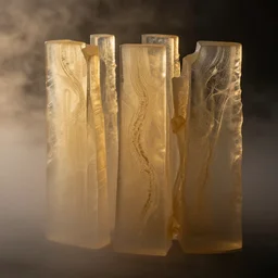 7 0 mm photograph of silken and mesoglea - fleshy colloid aerogel prismatic lattices ambiently occluding and striating, emerging from the fog, forming a detailed refractive sculptural recreation of the 3 d trails carved from roger dean's paintings, chiaroscuro golden hour cinematic lighting, 8 k still
