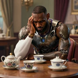 lebron james solemn at tea party, melancholy, cybertronian, long shot, cinematography by wes anderson, 4 k octane render, intricate detail, photorealistic, cinematic lighting, artstation
