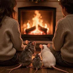 close - up of a mouse family sitting in front of a cozy christmas fireplace wearing woolen sweater, cinematic lighting, dark atmosphere