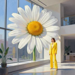 giant daisy flower head, woman in yellow suit, standing next to modern window in luxury loft, surreal photography, sunlight, impressionist painting, digital painting, artstation, simon stalenhag