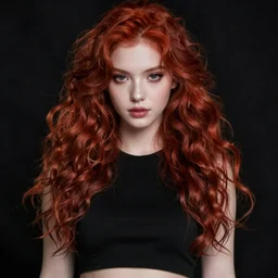 beautiful necromancer girl with red wavy hair and piecing eyes, soft flawless pale skin, wearing a black crop top photography dramatic dark lighting, hyperrealistic