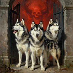 a three headed husky guarding the gates of hell, oil painting by michaelangelo