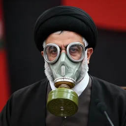 detailed 6 0 0 mm realistic photography of iran ayatollah, black turban, gas mask, black suit, black red flag background, nuances of the human face and subtle shifts in tonal value, silhouette composition, neutral, cool - toned palette, fluid patterns, powerful composition, opaque paints, grid method.
