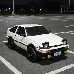a white toyota ae86 parked in an empty parking lot at night, vhs tape