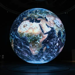 public art installation about space and time. projected on big sphere inside big and dark venue