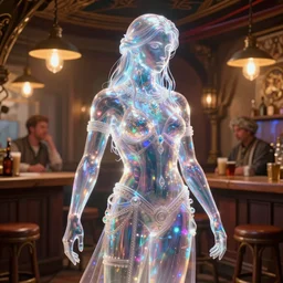 transparent shining figure in tavern, glowing lights, epic fantasy, colorfully, detailed illustration, digital art, highly saturated colors, overdetailed art, concept art, detailed illustration, hd, 4 k, digital art, greg rutkowski, dan mumford, trending on artstation