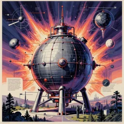 brilliantly colorful lithograph of a detailed engineering schematic of a dark matter tokamack reactor blending into pure energy in the style of kashurio otomo