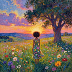 afro made of flowers, girl standing in a field with flowers, surreal photography, hills, big trees, sunrise dramatic light, impressionist painting, colorful clouds, digital painting, pointillism, artstation, simon stalenhag