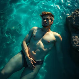 high angle picture of a gorgeous man relaxing in crystal waters, extremely beautiful and aesthetic and detailed, with familiar sprites, vivid caustics, chiaroscuro, intricate, masterpiece, fantasy illustrations by ilya kuvshinov and jeremy lipking and quentin mabille