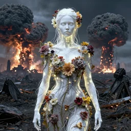 A portrait of a woman wearing clothes made out of dying flowers, apocalypse, nuclear explosion in the background, Masterpiece, pure white skin, glowing, wires everywhere, by Edgar Maxence and Ross Tran, Zdzisław Beksiński, and Michael Whelan, distant, gustav dore, H.R. Giger, 8k, octane render