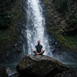 a man meditating under a waterfall on a giant rock in a forest