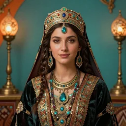 a gorgeous digital portrait of a goddess in traditional Armenian attire, wearing highly detailed pieces of jewelry and ornaments, photorealistic portrait by Da Vinci and Picasso, beautiful face, beautiful portrait lighting, teal and orange colored background with traditional lampstands and furniture, artstation, digital arts, Zbrush, Octane, smooth, 8K