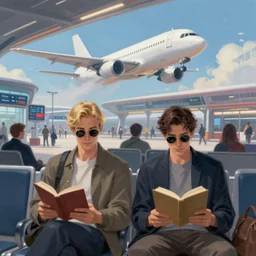 “a gorgeous futuristic painting of a tall blond man and a dark haired man, sitting in a busy airport, reading books. They’re wearing monocles. an airplane is taking off in the background. Trending on artstation, rendered in 8k with unreal engine”
