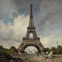 eiffel tower in post apocalyptic paris , painting by frazetta, low angle,wide angle, cinemascope panorama