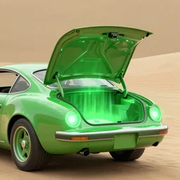 the car from repo man in the desert green glowing eldritch light coming out of the open trunk grand theft auto liberty city vibes, vaporwave, silent hill, photorealistic hyperdetailed 3 d matte painting, hyperrealistic, cinematic, unrealengine octane render,