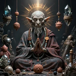 hyper realistic portrait of postapocalyptic elf goblin death cult monk, glass beads, clay amulets, magic artifacts, trinkets, cinematic, symmetric, dark crystal, artstation, cgsociety, brian froud, alan lee, jean baptiste monge, scott radke