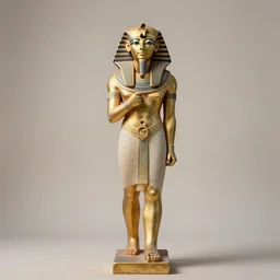 full body portrait of egyptian god statue, sharp focus, volumetric light, smoky autumn pastels lightings, micro details, ( ( ( gold intricate ) ) ) photorealism, crisp, dirty pale background, hasselblad camera, by annie leibovitz