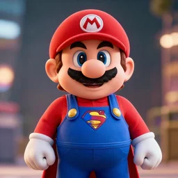 portrait of super mario! super mario! as superman in man of steel!, movie still, cinematic lighting, ray tracing, octane render, long lens, shallow depth of field, bokeh, anamorphic lens flare, 8 k, hyper detailed, 3 5 mm film grain