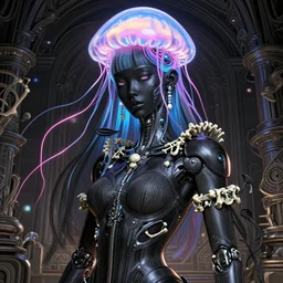 portrait of an absurdly beautiful, graceful, sophisticated, fashionable korean cyberpunk mechanoid gravure idol, hyperdetailed illustration by irakli nadar, maria borges, matt wisniewski style, intricate linework, dark black skin, neon jellyfish headdress, carved bone ruff, unreal engine 5 highly rendered, global illumination, radiant light, detailed and intricate environment